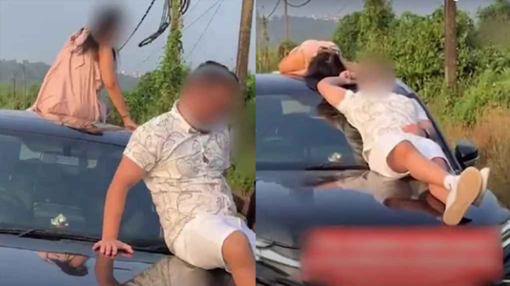 গাড়ির ছাদে তরুণ-তরুণী যা করলো
